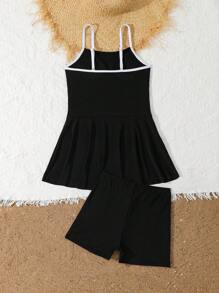 SHEIN 2件組青少年女孩黑白拼接鏤空分體式泳衣，中長吊帶泳裙與泳褲，夏季海灘度假服飾 - 黑與白 - 查看 1