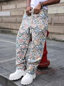 PAVTROS Manfinity Streetrush Men's Street-Style Casual Pants Inspired By INS Fashion , Featuring A High-Street Retro Floral Jacquard Texture. These Relaxed, Straight-Leg Pants Come With An Elastic Waistband, Perfect For Music Festivals, Tropical Vacations (Like In Hawaii), And Everyday Wear. They Also Make A Great Gift For A Boyfriend Or Husband. Men's Floral Print Elastic Waist Straight Leg Casual Pants , Flower Pants Men , Y2k Clothes Men Floral Print Elastic Waist Straight Leg Casual Pants , Flower Pants Men , Y2k Clothes Men - Green - View 1