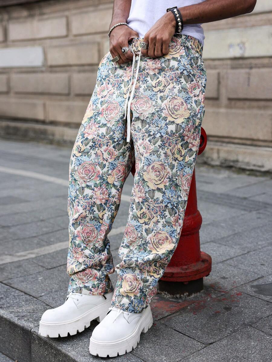 PAVTROS Manfinity Streetrush Men's Street-Style Casual Pants Inspired By INS Fashion , Featuring A High-Street Retro Floral Jacquard Texture. These Relaxed, Straight-Leg Pants Come With An Elastic Waistband, Perfect For Music Festivals, Tropical Vacations (Like In Hawaii), And Everyday Wear. They Also Make A Great Gift For A Boyfriend Or Husband. Men's Floral Print Elastic Waist Straight Leg Casual Pants , Flower Pants Men , Y2k Clothes Men Floral Print Elastic Waist Straight Leg Casual Pants , Flower Pants Men , Y2k Clothes Men - Green - View 1