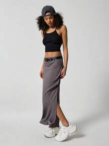 SHEIN EZwear Solid Split Hem Belted Skirt - Dark Grey - View 3