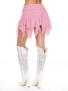 ROMWE Asymmetrical Mesh Bowknot Detail Women's Mini Skirt - Pink - View 8