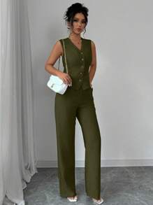 Elenzga Elegantes, modisches Damen-Pendelanzug-Set mit ärmellosem V-Ausschnitt, geraffter Taille, Rückenbindung und Gerades Bein-Hose