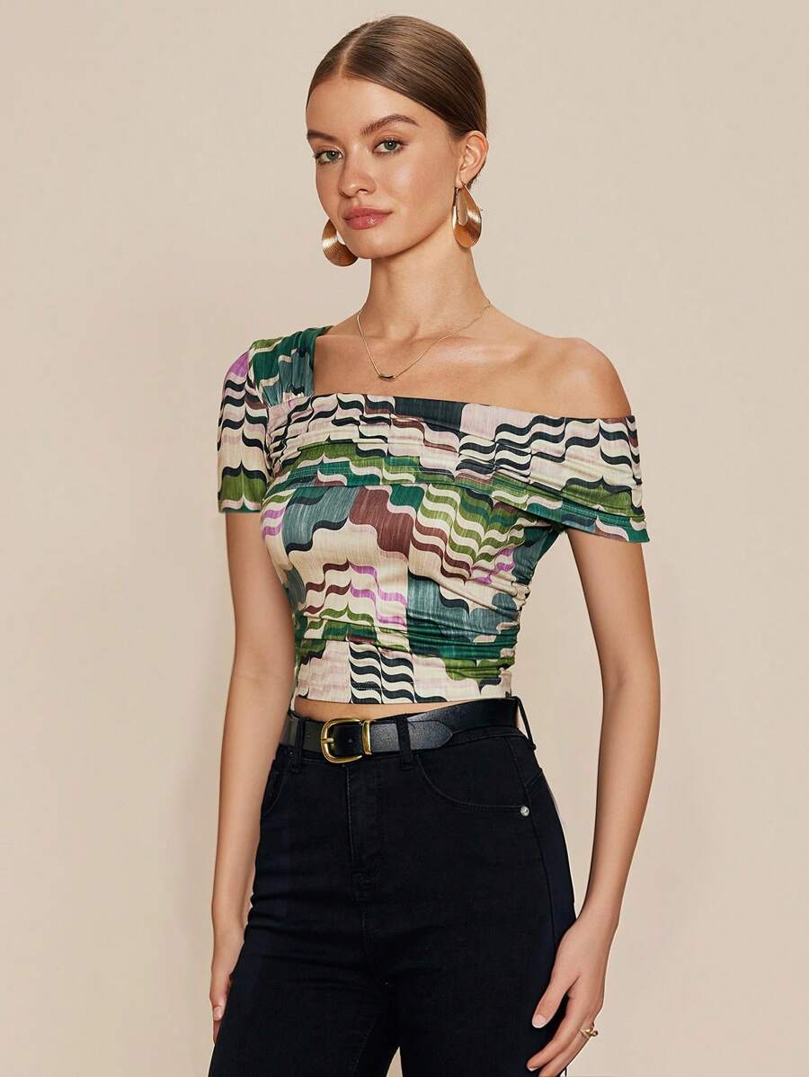 Chiquease Women's Fitted Asymmetrical Print Short Sleeve Top - Multicolor - View 1