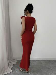 Rafferiza Đầm dài chữ A đuôi cá mini thắt nơ thanh lịch ôm sát eo dành cho nữ, màu đỏ - Màu Đỏ Sâu - Xem 2