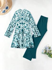 Swim Mulvari 2 pièces/Ensemble Femme Rétro Impression Style Confortable Bleu Ample Top Court & Burkini à Jambe Large Maillot de Bain
