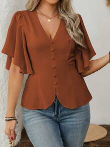 Vionelle Áo cánh tay ngắn cổ chữ V thanh lịch kiểu Pháp cỡ lớn cho nữ, tay ngắn, viền loe, eo bó, thường ngày đi làm, ngày lễ - Rỉ Nâu - Xem 3