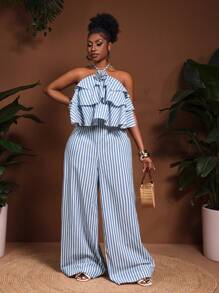 Veslaya Plus Size 2025 Spring/Summer New Arrival Plus Striped Print Drop Summer Vacation Clothes Women Summer Clothes Woman Jumpsuit Women's Jumpers Suits Women Work Outfits Women Summer Clothes Women Two Pieces Outfits - Blue and White - View 2