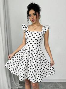 Rafferiza Random Print Square Neck Ruffle Hem Casual Dress - Black and White - View 5