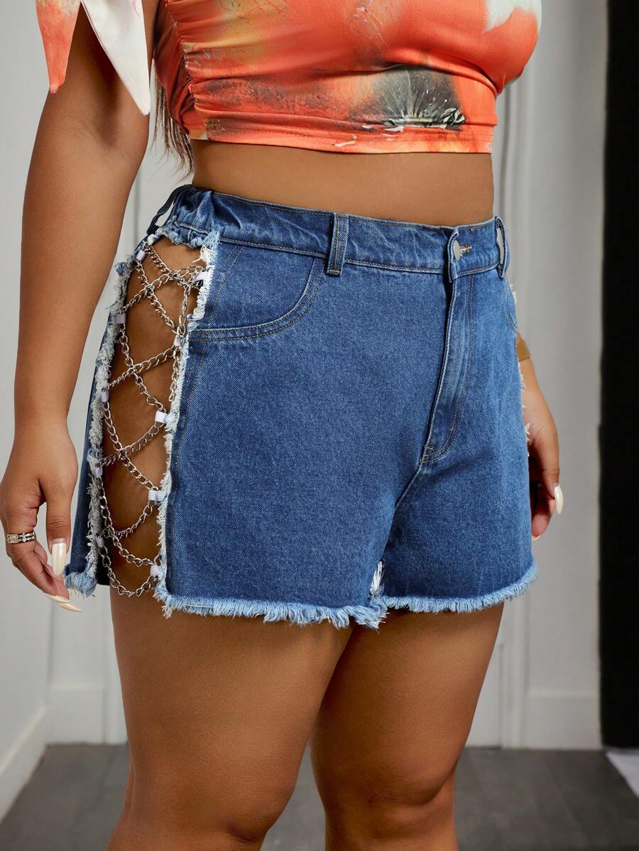 Slaydiva Plus Size Distressed Denim Shorts, Fashion Suitable For Summer - Medium Wash - View 1