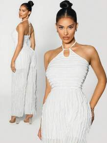 Sirith Women's Summer Casual Solid Color Backless Halter Jumpsuits - White - View 1
