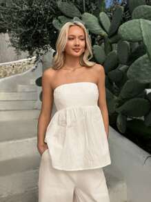 SHEIN EZwear 亚麻色编织抹胸上衣和裤子两件套，女士休闲装 - 米色 - 查看 7