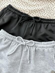 Teen Girl 2pcs Black & Grey Casual Sports Minimalist Drawstring Waist Ultra Low-Rise Cropped Shorts Set, Suitable For Spring/Summer - Multicolor - View 5