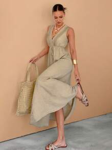 Siren Gaze 新款夏季女式纯色深 V 领 A 字型无袖连衣裙、女士休闲夏装、亚麻沙滩裙、波西米亚长裙