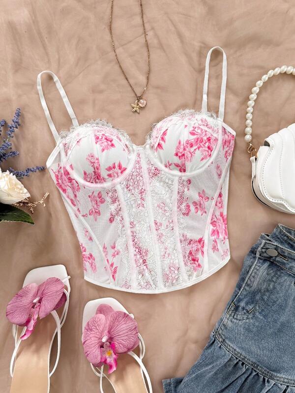 Soleia Top con encaje y baleines estampado en azul y blanco, camiseta ajustada para mujer, ideal para vacaciones, fiestas, San Valentín, citas, té de la tarde, cruceros, carnavales, primavera/verano