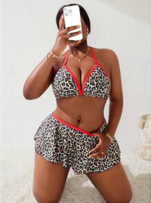Slaydiva 加大码 2 件豹纹随机花卉上衣和褶皱迷你裙比基尼套装，适合女士，海滩度假 - 彩色 - 查看 4
