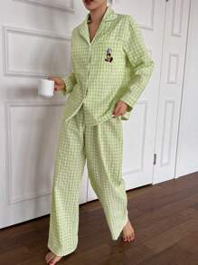 DAZY 2pcs Women Plaid Embroidery Pattern Long Sleeve Pajama Set - Mint Green - View 3