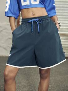 SHEIN Sports Women's Letter Print Drawstring Waist Pockets Sports Shorts - Blue - View 4