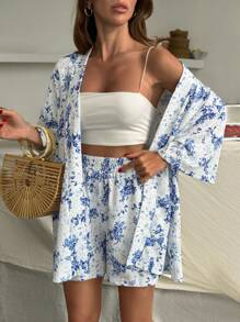 SHEIN Women's Casual Vacation Style Allover Print Flare Sleeve Loose Kimono Cardigan And Shorts Set, Spring/Summer - White - View 5