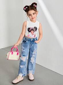 Girls Ripped Wide Leg Straight Denim Jeans, Loose Fit - Medium Wash - View 1