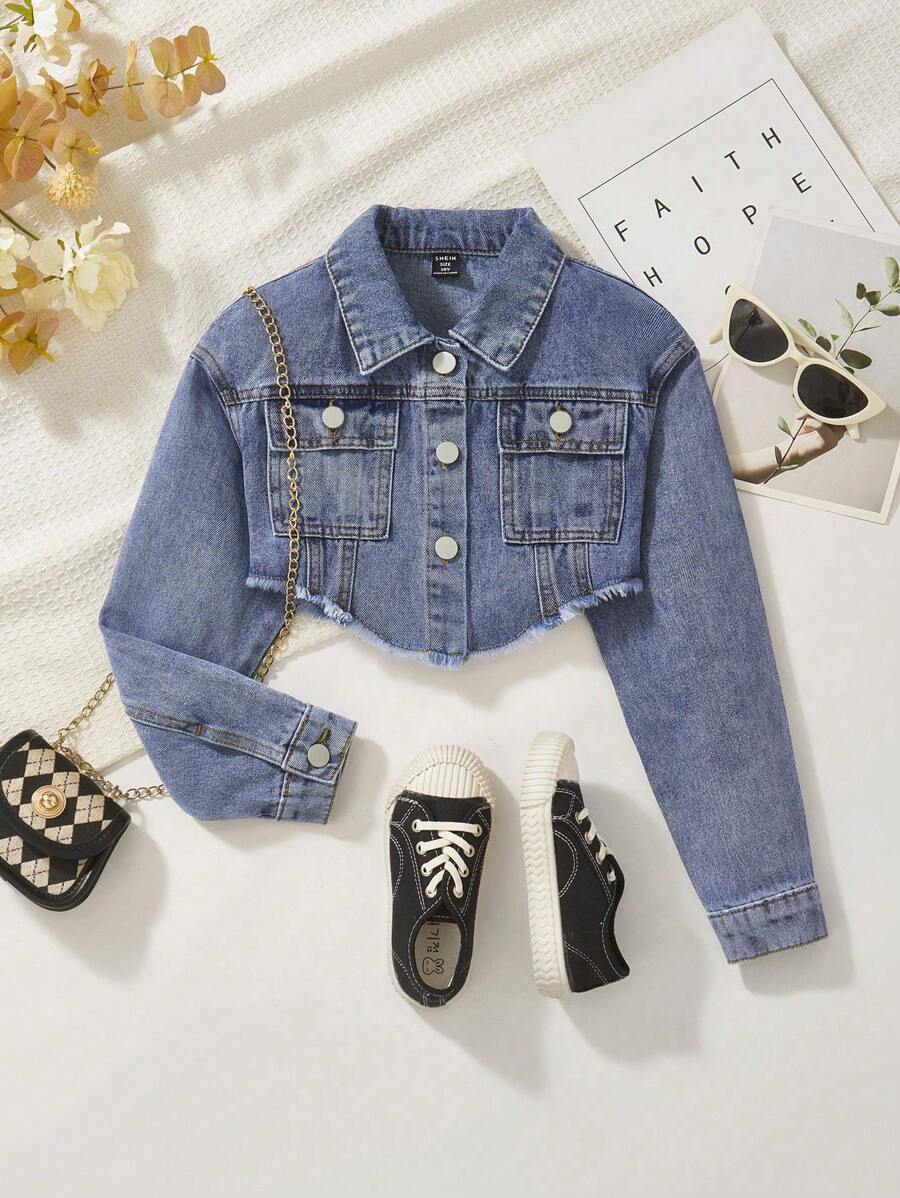 Sparklyn Tween Girl Street-Style Short Denim Jacket - Medium Wash - View 1