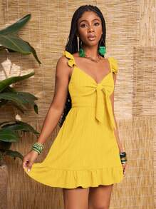 Zivah Neues ärmelloses A-Linie Kleid mit Rüschensaum aus strukturierter grüner Stoffvariante, im Lässig Urlaubsstil, für Frühling/Sommer - Gelb - Übersicht 8