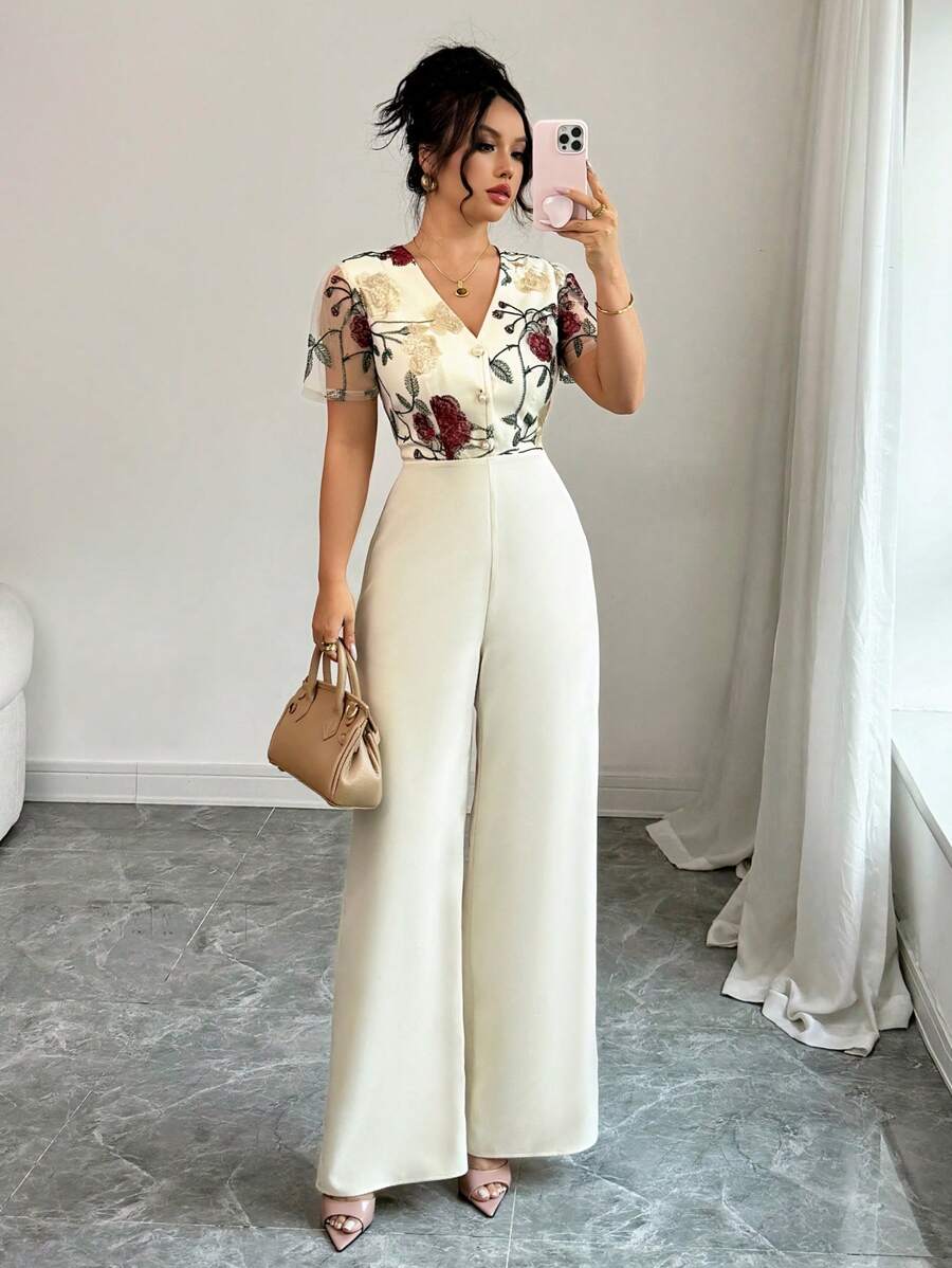Rafferiza Women's Elegant Embroidered Mesh Button Gathered Waist Jumpsuit - Apricot - View 1