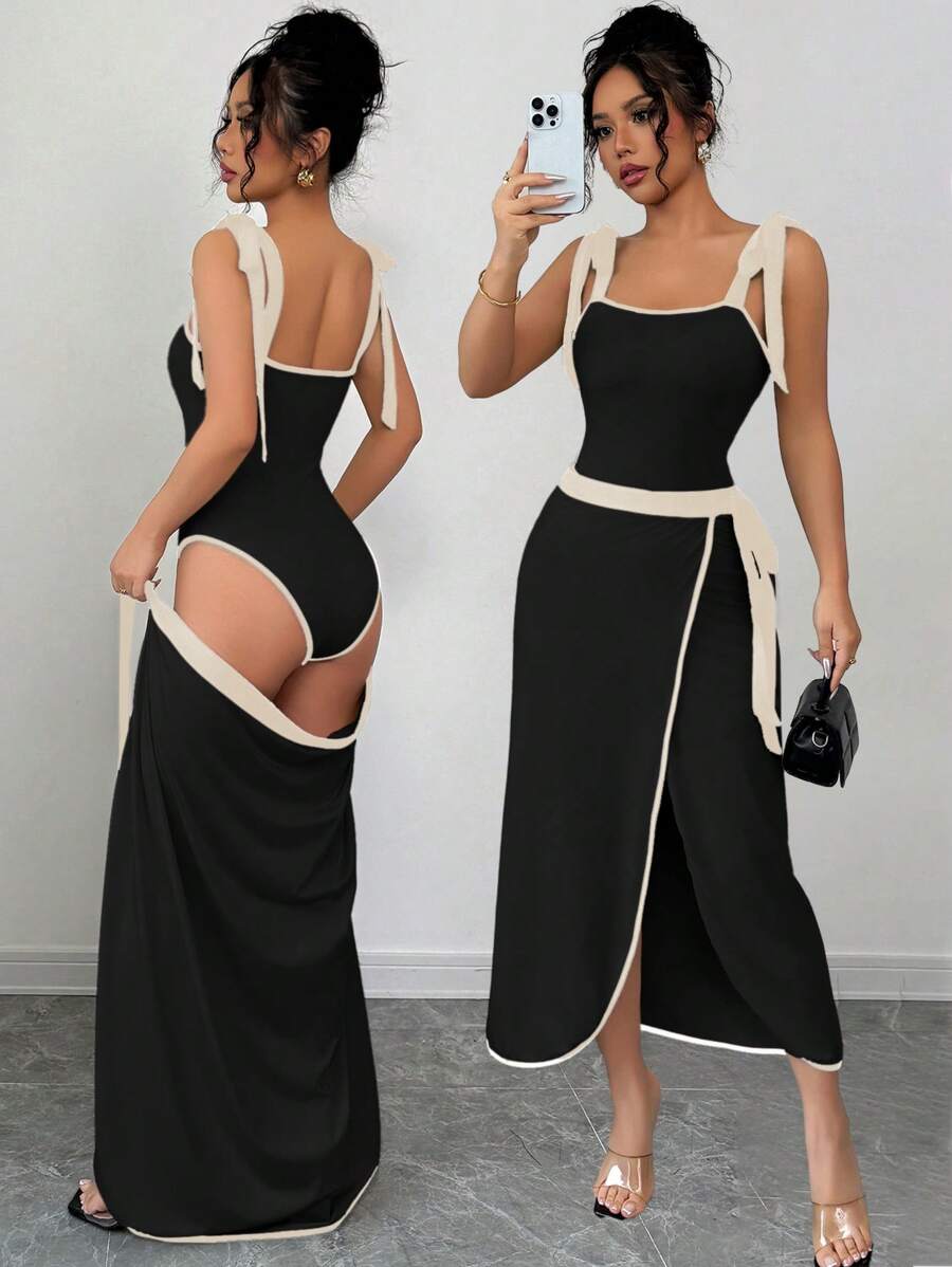 Rafferiza 2件套时尚舒适束腰休闲装 - 黑色 - 查看 1