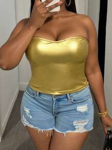 INAWLY Top strapless amarillo de unicolor y elegante para tallas grandes - Dorado - Ver 6