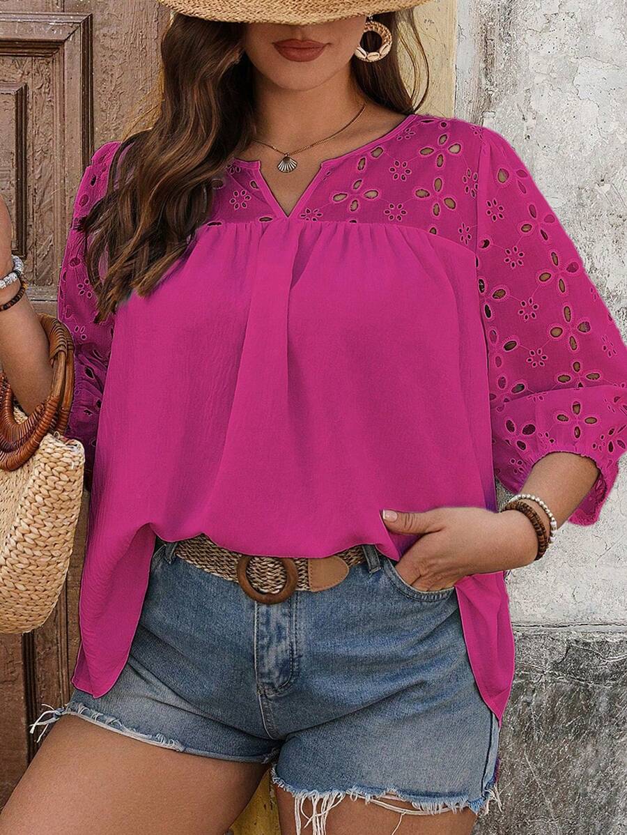 Rometta Blusa holgada de talla grande casual de verano con parches y mangas 3/4 caladas