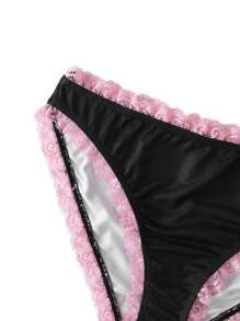 2 件套蝴蝶结印花蕾丝花边甜美可爱少女文胸和内裤套装 - 黑色 - 查看 5