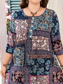 SHEIN Lacomfia Plus Size Women's Spring/Autumn Square Collar Printed 3/4 Sleeve Slimming Cinched Waist Dress