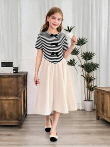 Tween Girl Casual Cute Bow Stripe Color Block Patchwork Dress, Back To School - Multicolor - View 7
