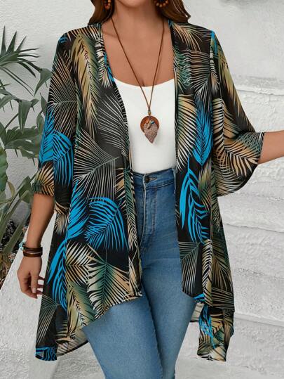 EMERY ROSE Plus Size Women's Casual Tropical Plant Print 3/4 Sleeve Jacket Suitable For Summer Western Wear Women Boho Women's Clothing ,Spring