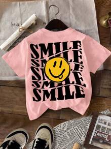 SHEIN Leap Crew 3pcs Tween Girls Casual Loose Cartoon Smile & SMLLE Letter Graphic Round Neck Short Sleeve T-Shirts, Suitable For Summer - Multicolor - View 4
