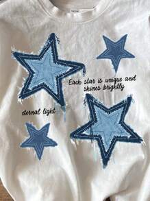 SHEIN Leap Crew 青少年女孩休閒簡約星星印花T恤，夏季 - 白色 - 查看 7