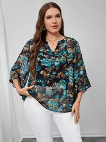 Modelyn Camicetta ampia con scollo a V, design con bottoni e stampa floreale, taglie comode