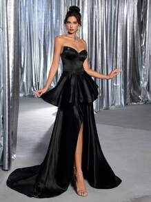 Glamrae Elegantes und wunderschönes Kleid mit schwarzen Pailletten-Nähten, luxuriöser Satin mit Baumwoll-Büstenträger, strapazlose I-förmige Faltenapplikation mit Seitenschlitzen und extra großem Schleppbesatz, geeignet für Dating-Partys, Junggesellinnenabschiede, Urlaub und formelle Abendessen-Anlässe, Abendkleid, Ballkleid, für Abende, Hochzeitsgäste