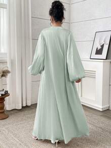 Yasmyna Mint Blue Semi-Sheer Woven Fabric Maxi Abaya With Long Sleeves And Belted Details For A Modest Style, Robe - Mint Blue - View 3