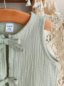 SHEIN Vintaside Kids 女宝宝简约双层雪纺无袖蝴蝶结上衣和长裤套装，春夏 - 綠色 - 查看 6