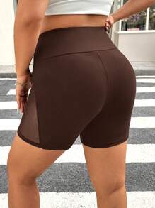 SHEIN EZwear Plus Size Brown Tight Mesh Patchwork Elastic Shorts, Suitable For Summer - بني - مشاهدة 3