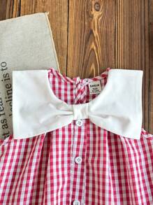 SHEIN Vintaside Kids Toddler Girls' Navy Collar Bowknot Princess Sleeveless Shirt, Spring/Summer Fashion - Hot Pink - View 3