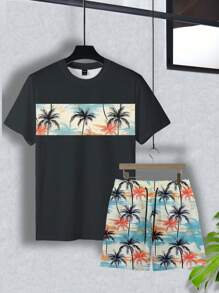Manfinity RSRT Men's Casual Patchwork Coconut Tree Print Round Neck Short Sleeve T-Shirt And Shorts Set, Summer Vacation Outfits For Men Beach Vacation Outfits Men