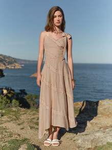 MOTF PREMIUM WOMEN'S LINEN CONTRAST LACE MIDI DRESS, SUMMER VACATION - Apricot - View 7