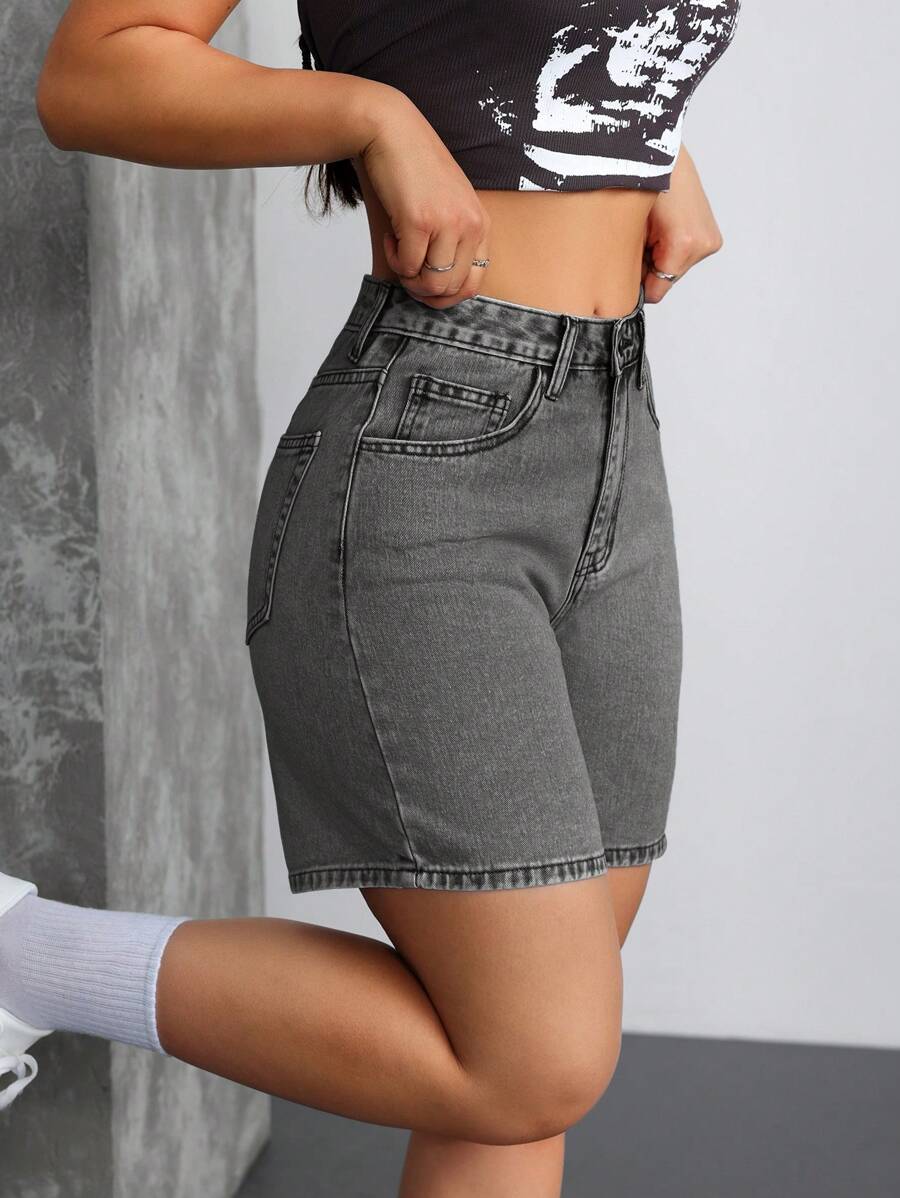 SHEIN Tall Women's Casual Black Denim Shorts: Zipper Detail High-Waisted Short Jeans For Summer - Black - View 1