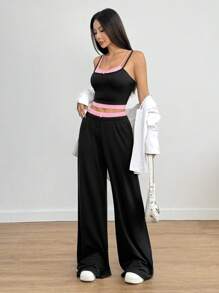Flirla Bộ đồ thể thao thường ngày phong cách Mỹ 2 món, áo ba lỗ Racerback màu xám và quần cạp cao có họa tiết hoa, dành cho nữ mùa hè - Hồng - Xem 4