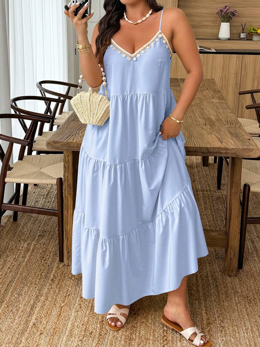 SHEIN Clasi Plus Size Women's Ruffle Hem A-Line Cami Dress With Neckline Decor - Baby Blue - View 1