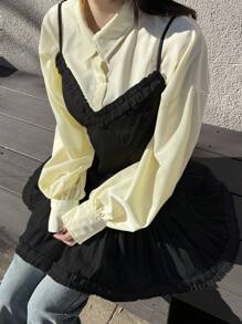 FRIFUL 女式荷叶边细肩带工字背心，纯色，甜美，春夏，娃娃装上衣 - 黑色 - 查看 4