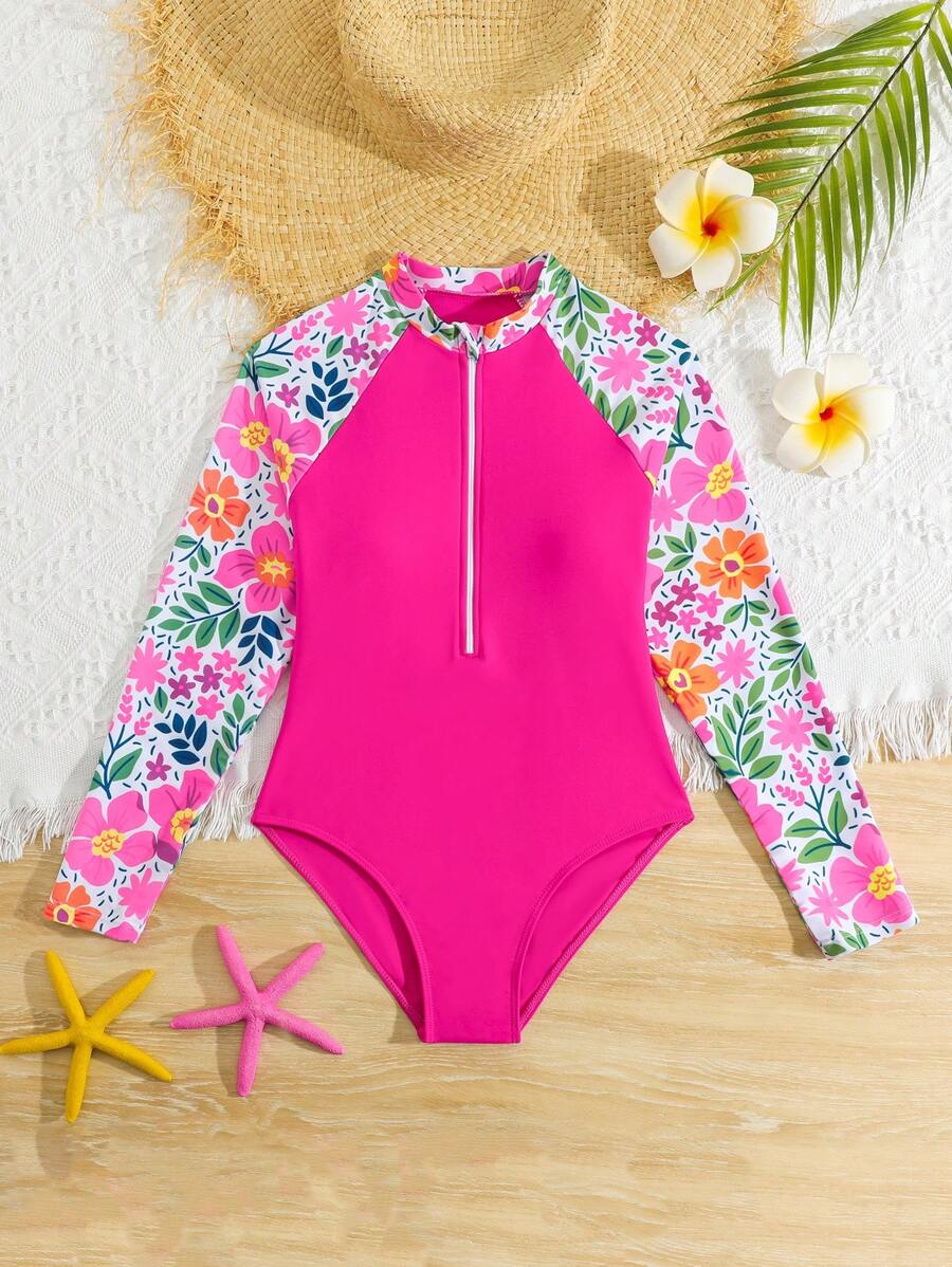 SHEIN Tween 女童花卉印花拼布连体泳衣 - 玫紅色 - 查看 1