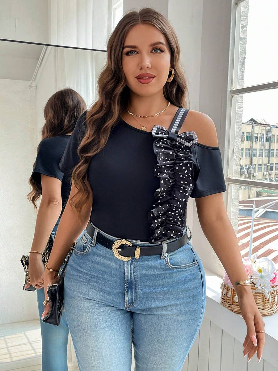 SHEIN Clasi 1 件加大码纯色不对称肩部蝴蝶结装饰 T 恤，适合夏季