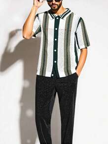 Manfinity Homme Men's Summer Color Block Striped Front Button Short Sleeve Hollow Knitted Top Vintage Tees Men Men Crochet Shirt - Dark Green - View 3